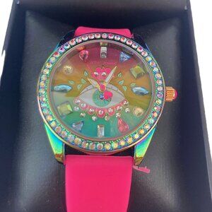 Betsey Johnson Watch XOXO New Boxed Eye Rhinestones Hot Pink Buckle Strap Heart